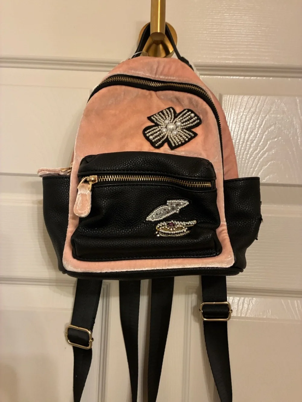 Pink‎ Velvet and Black Mini Backpack with Decorative Accents